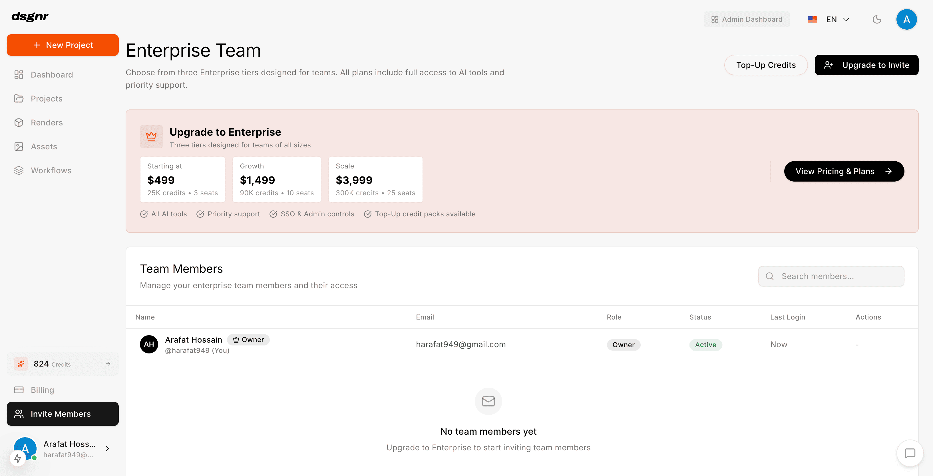 dsgnrai Enterprise Team Dashboard - Manage members, credits, and access controls