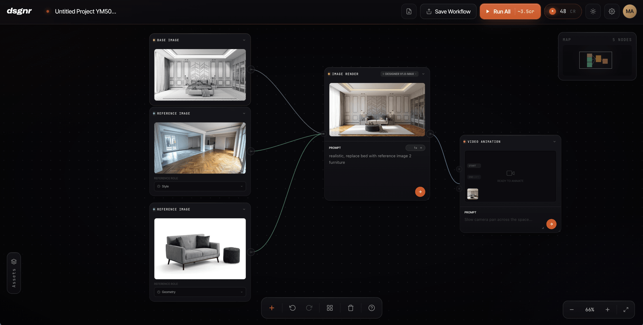 The Pro Studio node-based editor with base image, reference, render, and video animation blocks wired into a pipeline