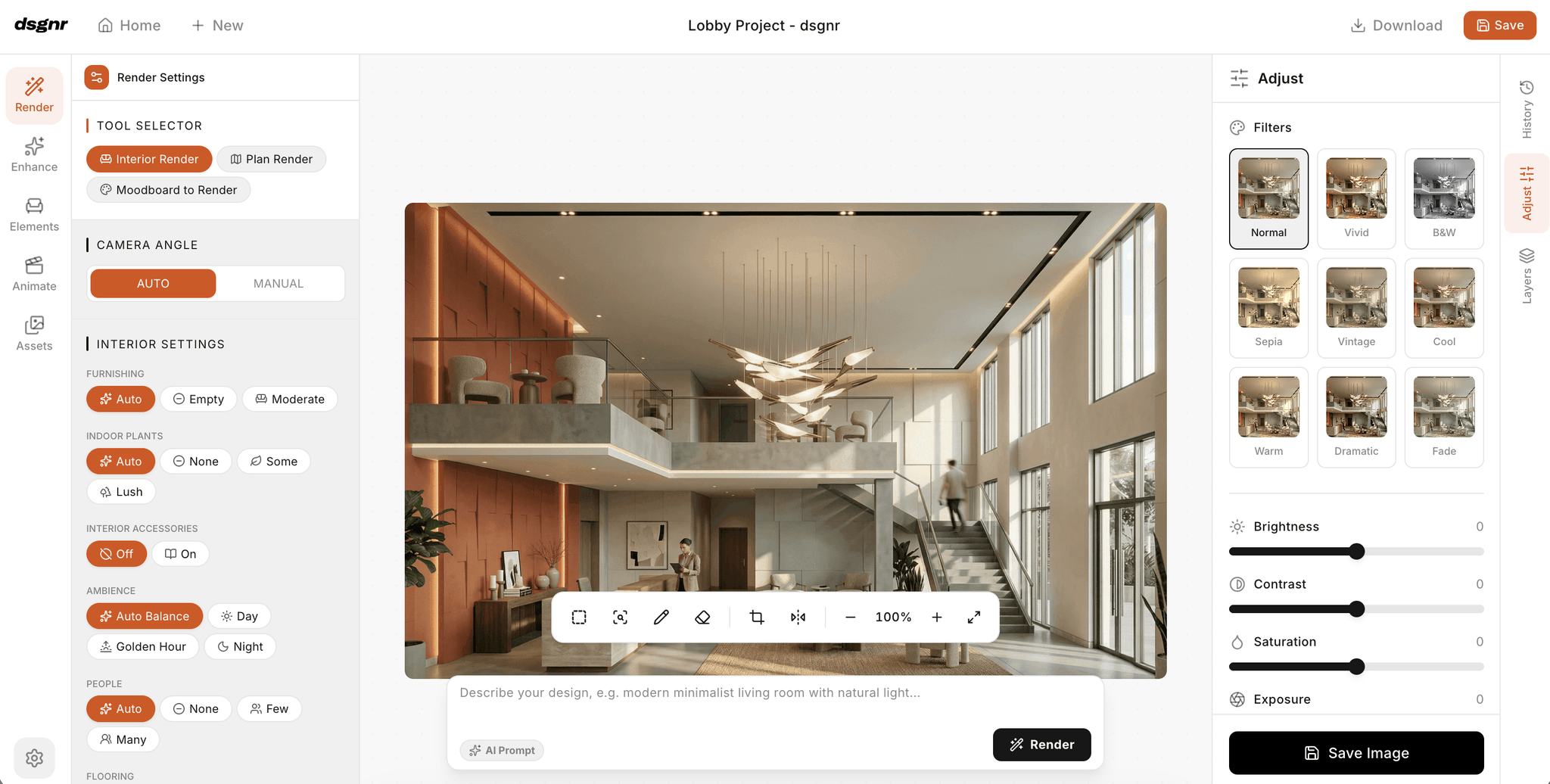 The Studio Lite canvas editor with render settings, filters, and adjustment panels around an interior render